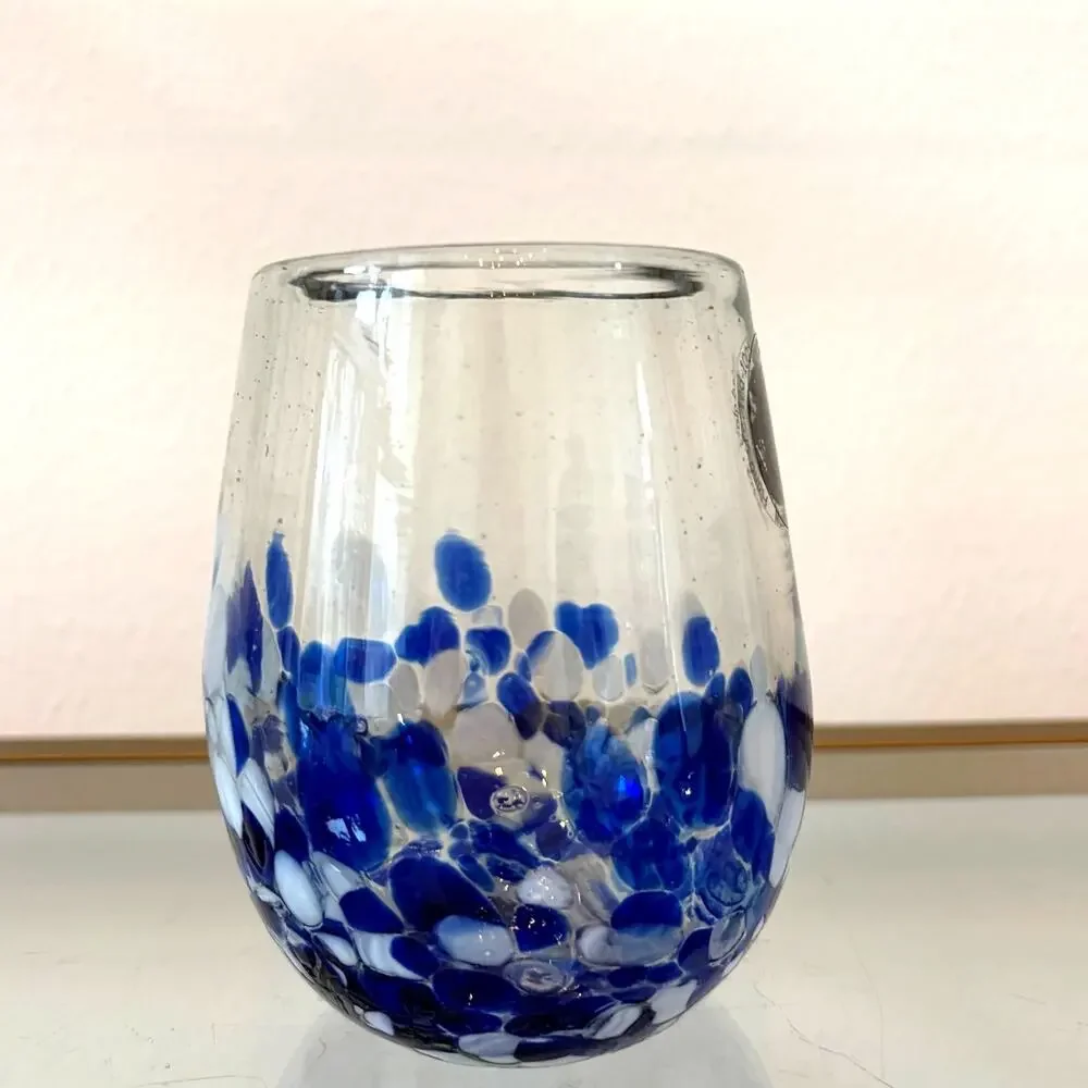 2pc Hand Blown Mexican Art Glass Stemless Wine Glasses Blue & White Confetti NEW